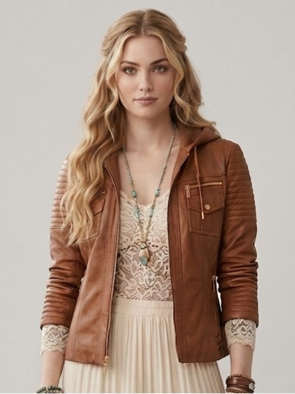 Michael Kors Cognac Brown Hooded Leather Jacket with Gold Hardware *Vintage*